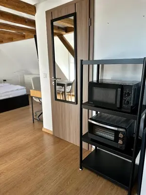 Ein Bett oder Betten in einem Zimmer der Unterkunft 1 Zimmer Wohnung DG mit Klimaanlage und kleinen Balkon