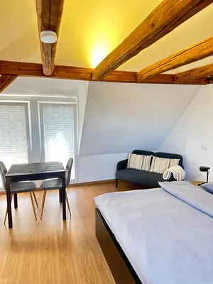 Ein Bett oder Betten in einem Zimmer der Unterkunft 1 Zimmer Wohnung DG mit Klimaanlage und kleinen Balkon