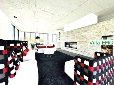 Ein Sitzbereich in der Unterkunft Luxus Design Ferienhaus Villa EMG Bensheim nah Frankfurt, Heidelberg mit Sauna, Schwimmteich, Garten für Familien und Gruppen bis 17 Personen