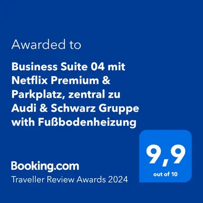 Ein Zertifikat, Auszeichnung, Logo oder anderes Dokument, das in der Unterkunft STN Business Suite - Ferienwohnung mit Parkplatz & Balkon, Terrasse & Fußbodenheizung, Netflix Premium, Zentral zu Audi & Schwarz Gruppe ausgestellt ist
