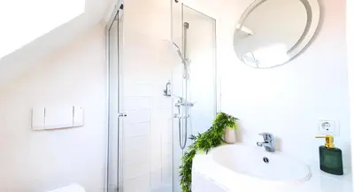 Ein Badezimmer in der Unterkunft ROMANTIC-Apartment - Altbauflair mit Dachterrasse & Waldblick, Maisonette, 80m2