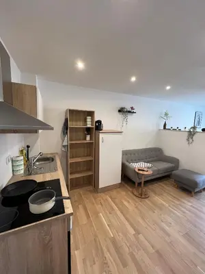 Küche/Küchenzeile in der Unterkunft Gemütliches Studio-Apartment in Karlsruhe Neureut - Nähe Uni-KIT-Messe, Fußbodenheizung, Regendusche, Waschmaschine, Stellplatz