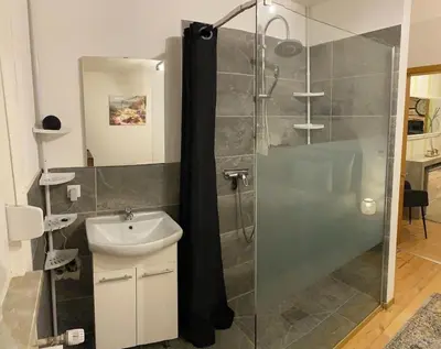 Ein Badezimmer in der Unterkunft Kleines Apartment mit begehbarer Dusche im Schlafzimmer