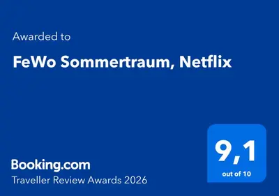 Ein Zertifikat, Auszeichnung, Logo oder anderes Dokument, das in der Unterkunft FeWo Sommertraum, Netflix ausgestellt ist