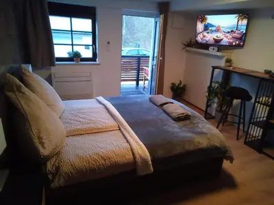 Ein Bett oder Betten in einem Zimmer der Unterkunft Forest Hill Travel &Work Nettes Apartment mit privatem Eingang Birkenau Mannheim Weinheim Heidelberg