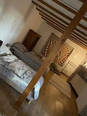 Ein Bett oder Betten in einem Zimmer der Unterkunft Einzimmerapartment mit Fass Sauna (und Pool)