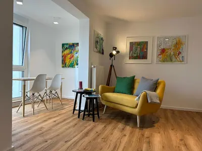 Ein Sitzbereich in der Unterkunft City Apartment mit TG Stellplatz Duplex oben - Glücks-Quartier Urban 01
