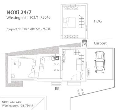 Grundriss der Unterkunft NOXi 90qm Carport Küche WiFi Washer Kamin