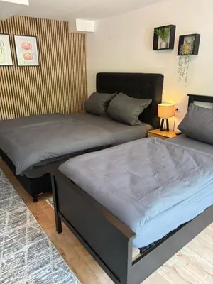 Ein Bett oder Betten in einem Zimmer der Unterkunft RIVERSIDE Cozy Apartment an der Weschnitz