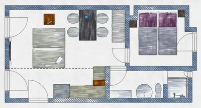 Grundriss der Unterkunft Belisima Apartments I Ferienwohnung Ruppertsberg R03 - Reiterpfad I separater Schlafbereich mit Boxspringbetten I Waschmaschine I Parkplatz I Nähe Supermarkt - Bäcker - Bahnhof