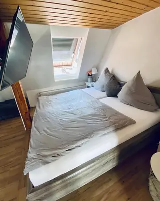Ein Bett oder Betten in einem Zimmer der Unterkunft Altbauwohnung mit Dachterrasse in der Innenstadt Speyer