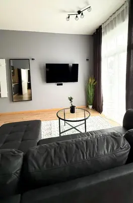 TV/Unterhaltungsangebot in der Unterkunft Meyben Apartment Mannheim Küche, TV, Waschmachine