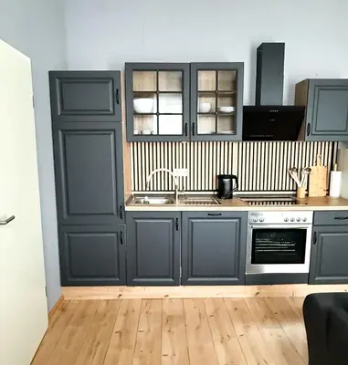 Küche/Küchenzeile in der Unterkunft Meyben Apartment Mannheim Küche, TV, Waschmachine