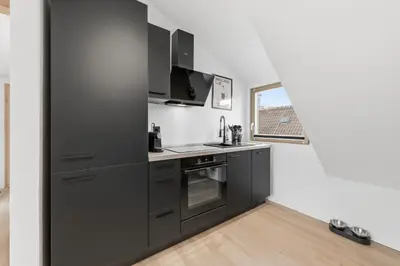 Küche/Küchenzeile in der Unterkunft Malu Rooms - im Zentrum, Balkon, Klima, 24h Checkin, Waschmaschine, SmartTv, am Schloss, Saniert und modern