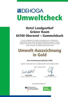 Ein Zertifikat, Auszeichnung, Logo oder anderes Dokument, das in der Unterkunft Hotel Grüner Baum mit Restaurant & Wellness ausgestellt ist