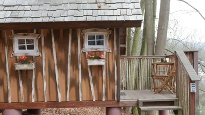 Ein Balkon oder eine Terrasse in der Unterkunft Hexenhäuschen am Waldrand