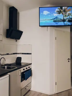 Küche/Küchenzeile in der Unterkunft Neuwertiges Apartment mit schnellem WLAN, Glasfaser, Kostenlose Privatparkplatz auch für Transporter geeignet R11