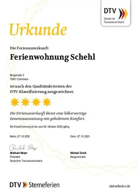 Ein Zertifikat, Auszeichnung, Logo oder anderes Dokument, das in der Unterkunft Ferienwohnung Schehl ausgestellt ist