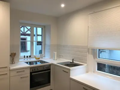 Küche/Küchenzeile in der Unterkunft Turmwohnung Büdinger Hof