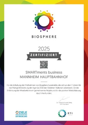 Ein Zertifikat, Auszeichnung, Logo oder anderes Dokument, das in der Unterkunft smartments Mannheim Hauptbahnhof ausgestellt ist