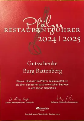 Ein Zertifikat, Auszeichnung, Logo oder anderes Dokument, das in der Unterkunft Landhotel Hofgut Battenberg ausgestellt ist