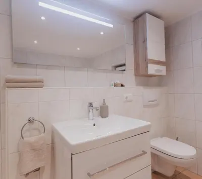 Ein Badezimmer in der Unterkunft Bürgstadt, Am Bischof mit Sonnenterrasse, 1 bis 4 Betten