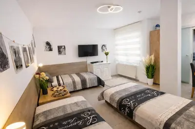 Ein Bett oder Betten in einem Zimmer der Unterkunft 2 Room Galerie Einliegerwohnung in Rheinstetten, Messe Nähe, Rollstuhlfahrer geeignet