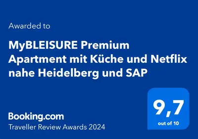 Ein Zertifikat, Auszeichnung, Logo oder anderes Dokument, das in der Unterkunft MyBLEISURE Premium Apartment mit Küche und Netflix nahe Heidelberg I SAP, MLP, Unternehmen im Rhein-Neckar-Kreis ausgestellt ist