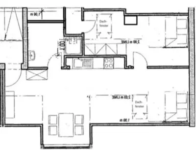 Grundriss der Unterkunft Fewo Steinhohle, DG 45qm, 1 Schlafzimmer & 1 Wohn-Esszimmer mit Bett